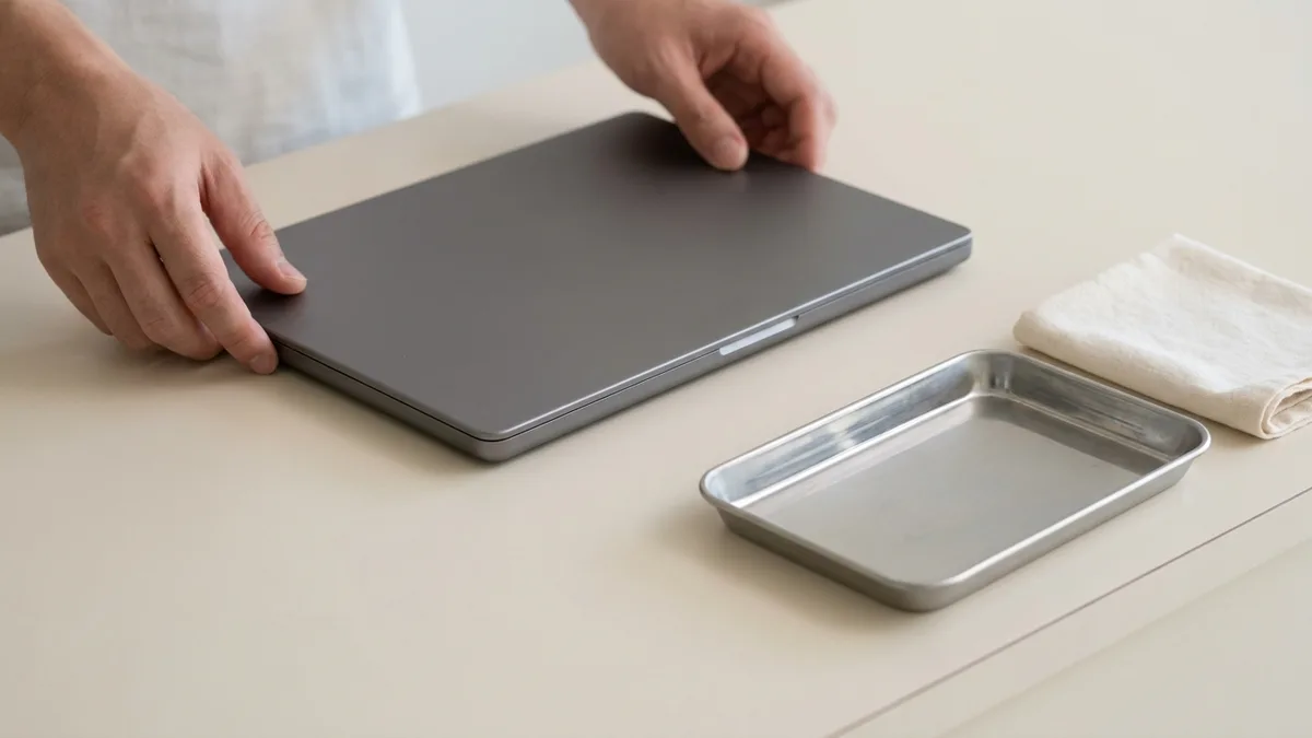 Two hands set a closed slim laptop down flat on a clean pale counter, beside a small empty steel tray and a folded cream cloth.