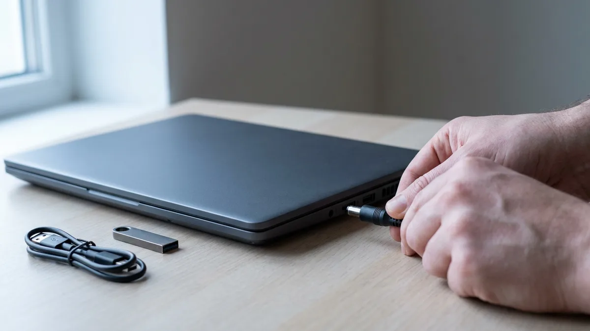 Tangan menanggalkan pengecas dan peranti USB dari komputer riba sebelum tetapan semula kuasa