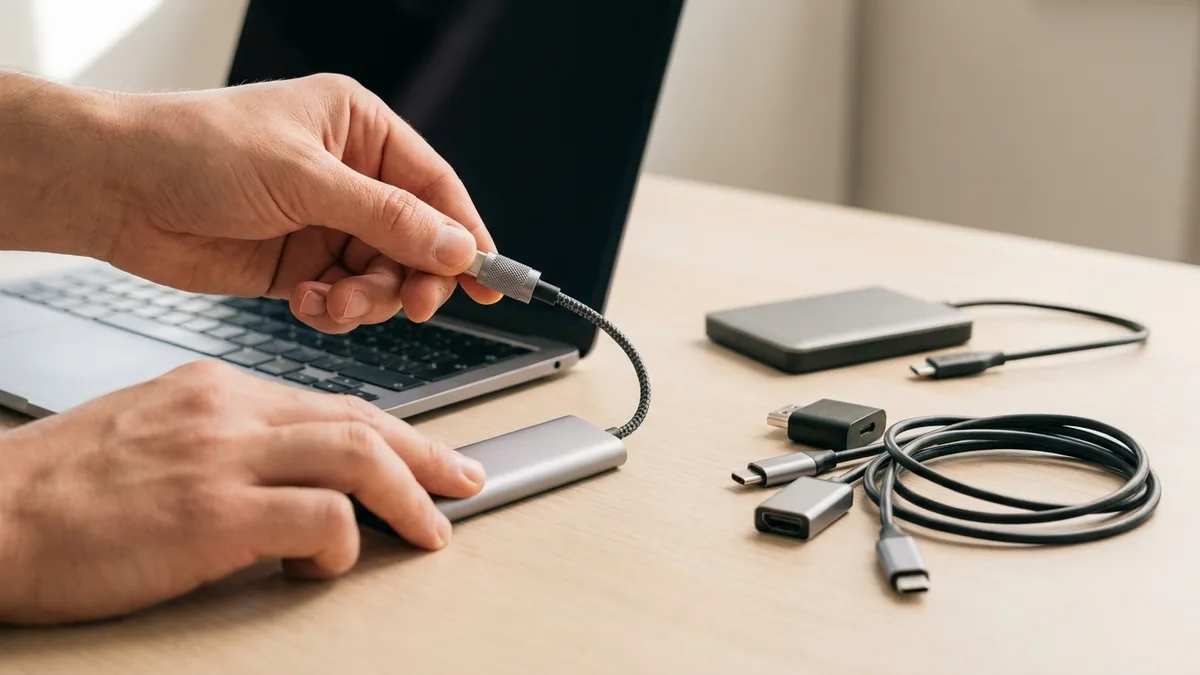 Hand unplugging a braided USB-C cable from a plain aluminium hub beside a laptop, with adapters and a drive set aside