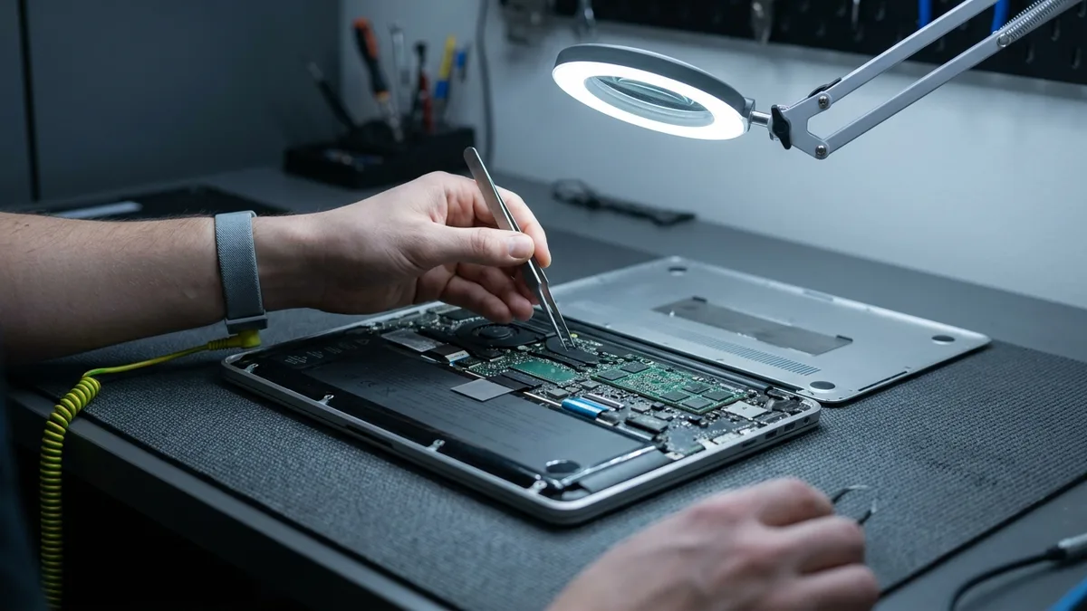 Technician in an anti-static strap holding tweezers over the exposed board of an opened laptop on a repair bench
