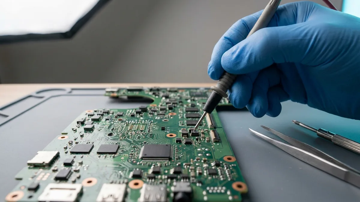 Technician using a fine multimeter probe on a bare laptop logic board at a repair bench