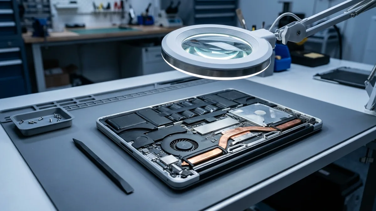 Opened laptop chassis under a magnifier lamp showing the battery cells, cooling fan and copper heat pipe