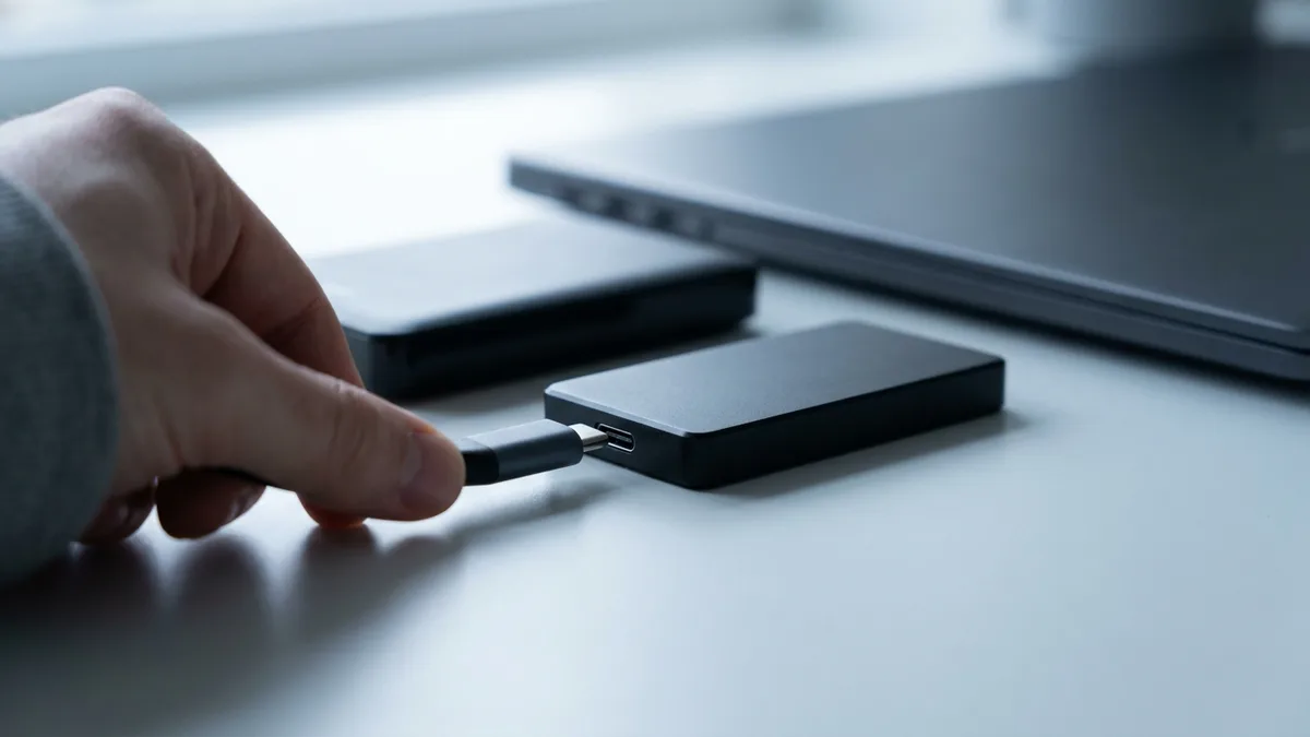 A hand connecting a USB-C cable to a plain external solid-state drive on a desk, with a second portable drive behind it