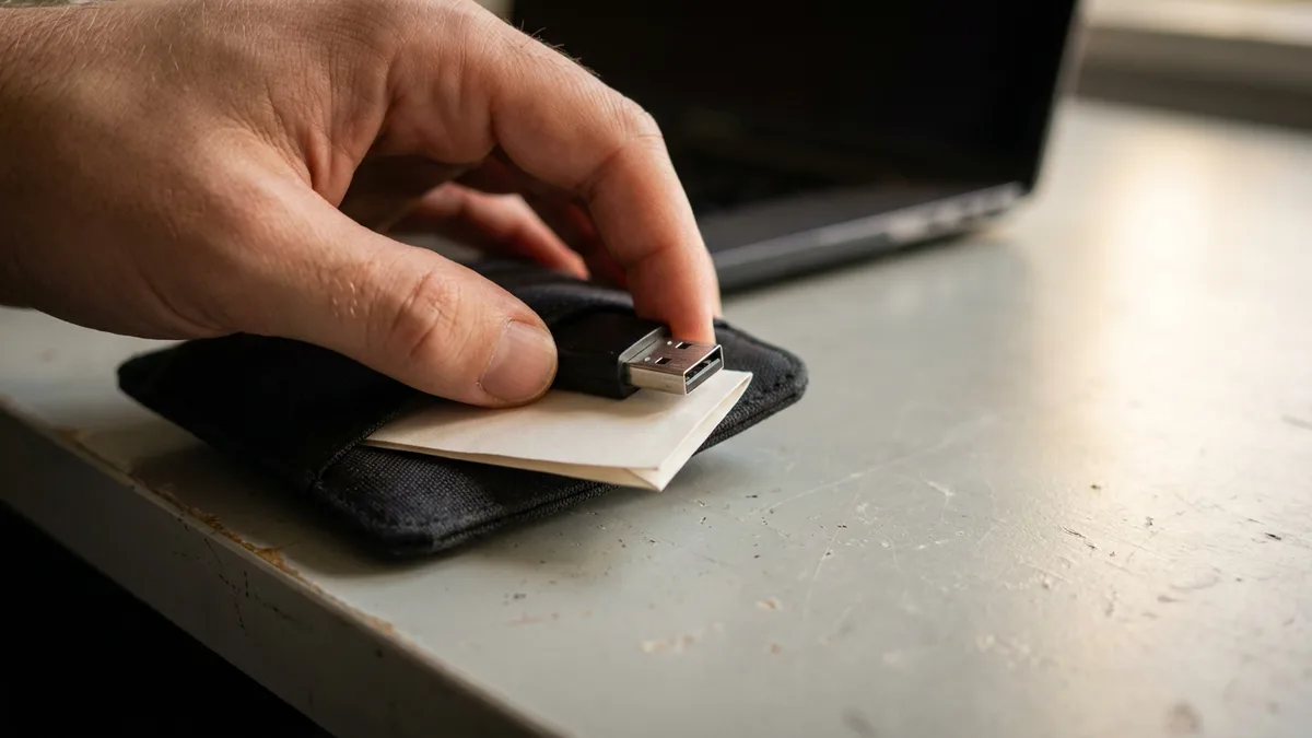 A hand tucking a USB flash drive and a folded slip of paper into a fabric card wallet on a desk, away from the laptop behind