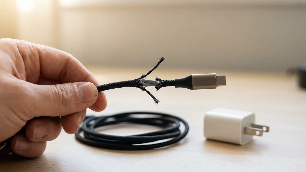 Hand holding a braided USB-C charge cable with the sleeve split and frayed near the connector, a spare cable behind