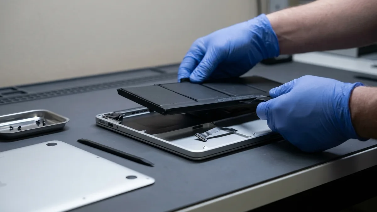 Gloved hands lifting a flat black battery pack out of an opened laptop on a repair bench, empty bay and screw tray beside