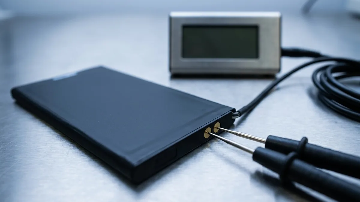 A slim black battery pack on a brushed steel bench with two instrument probes touching its gold contact pads and a small digital meter behind