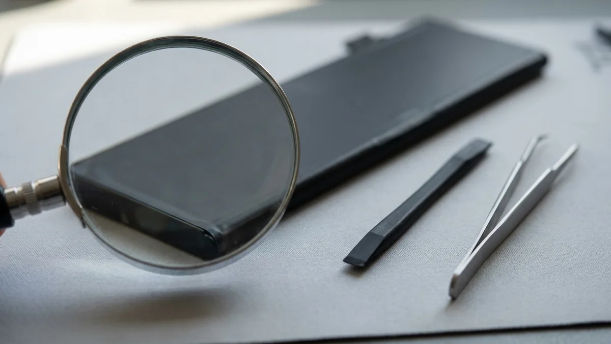 A magnifying glass held over the corner of a slim black battery pack on a grey mat, with a black spudger and metal tweezers lying beside it
