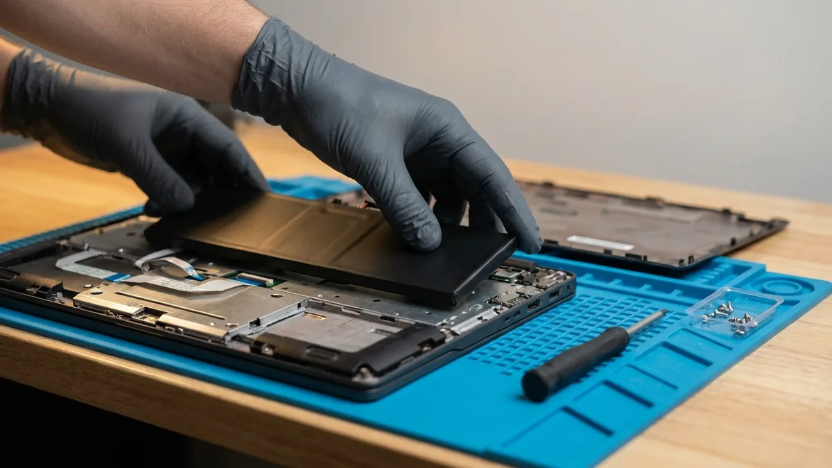 A gloved technician lowering a replacement battery into an opened laptop chassis on a repair mat