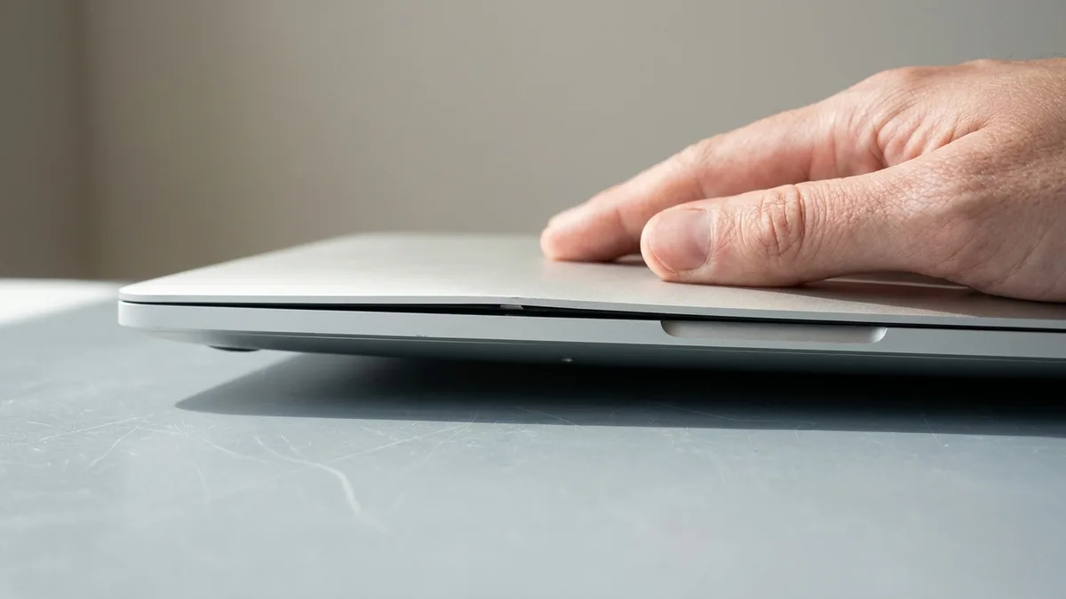 A hand pressing down on a silver laptop seen at desk level, the near corner of the bottom case standing clear of the surface with a visible gap beneath it