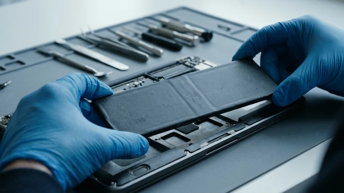 A technician in gloves lifting a laptop battery pack out of an opened chassis on a repair bench