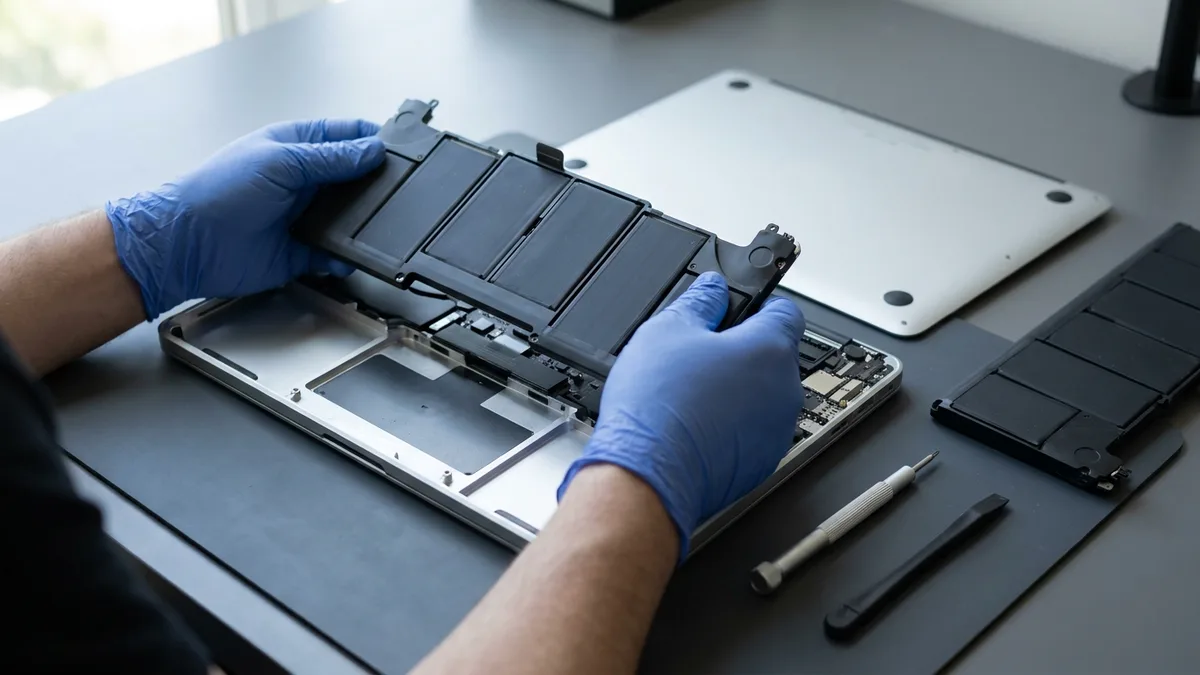 Gloved hands lifting a four-cell laptop battery pack out of an opened aluminium laptop, with a replacement pack and repair tools on the bench beside it