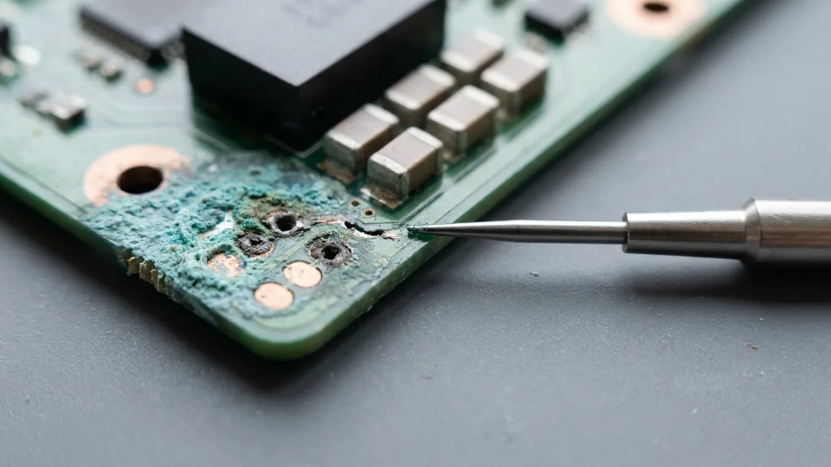 一块绿色逻辑板边角被液体腐蚀的微距特写:暗淡的蓝绿色腐蚀结晶在裸露的板面上蔓延,两处焊盘发黑并出现麻点,一条铜走线已被蚀断,旁边放着一根细钢探针作比例参照。