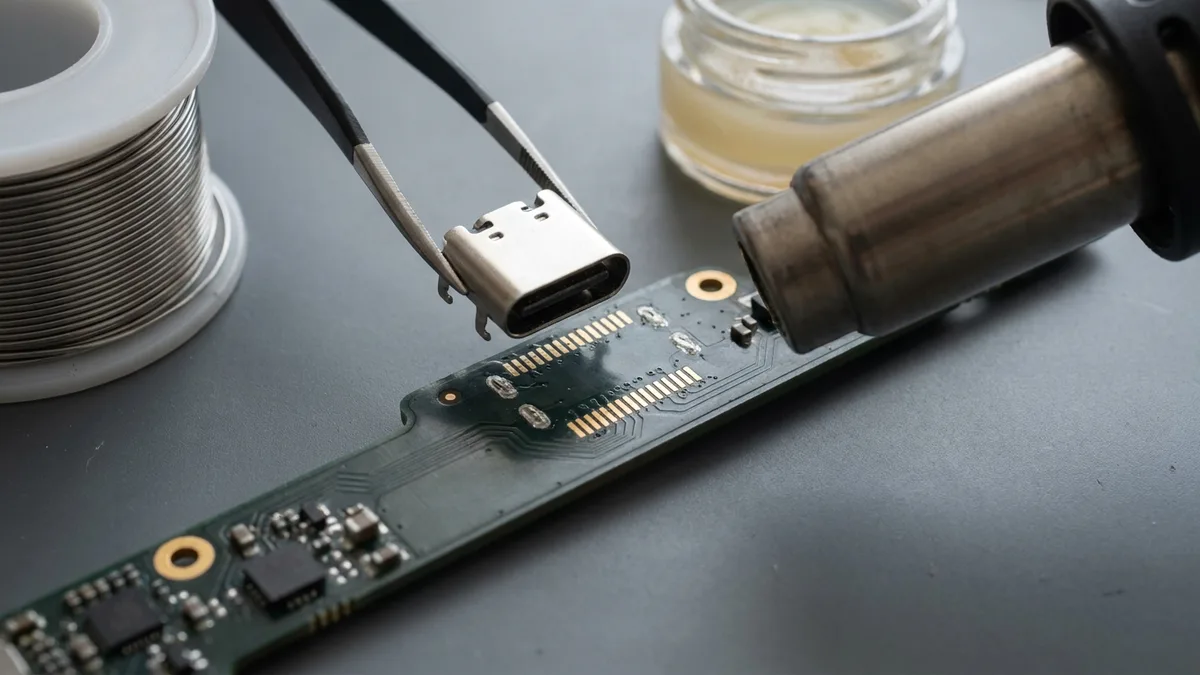 一枚小巧的 USB-C 接口被精密镊子夹着,悬在逻辑板上它原本的空焊位正上方,下方可以清楚看到即将焊接的两排细小金色焊盘,侧面伸入一支热风返修枪的喷嘴,旁边放着一卷焊锡丝。