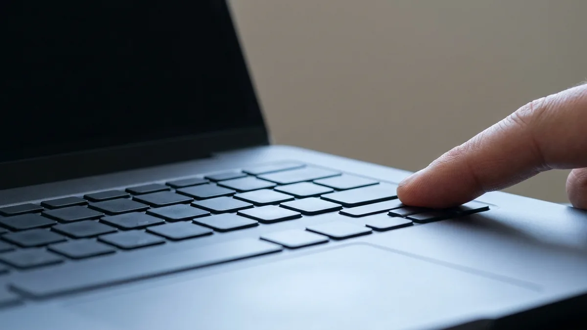 A fingertip resting on a corner key of an open laptop keyboard with the screen switched off