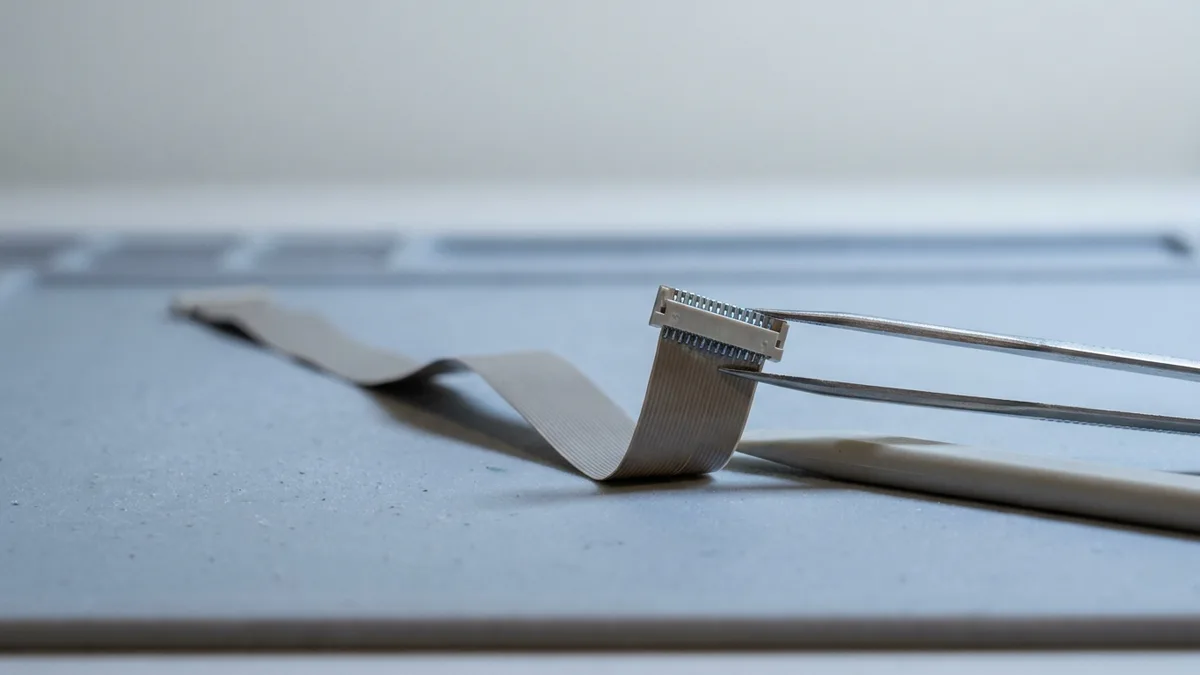 A flat ribbon cable lying on a pale grey surface with its connector lifted on fine tweezers, a white plastic tool beside it