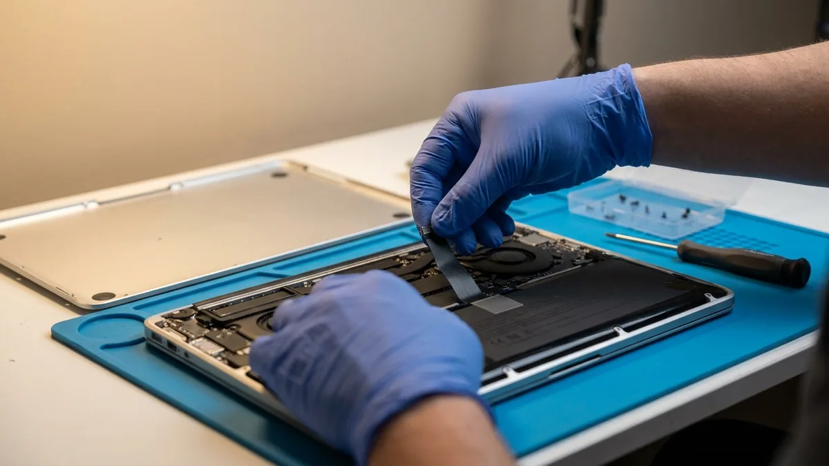 A gloved technician working on an opened laptop chassis at a repair bench
