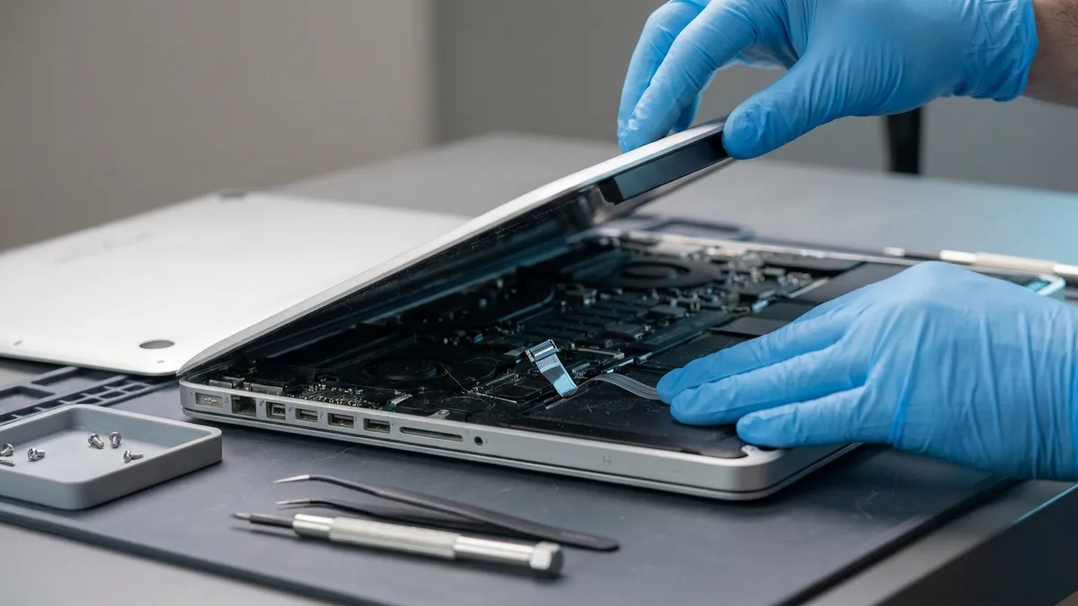 Two blue-gloved hands easing open a silver laptop with its bottom cover removed and lying beside it, the display ribbon cable visible at its board connector, with a tray of screws, tweezers and a screwdriver on the mat