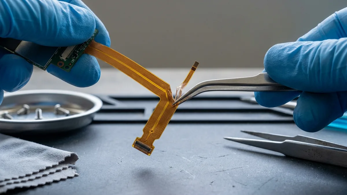 Gloved hands lifting a display flex ribbon cable with tweezers, one conductor track visibly frayed where the cable folds