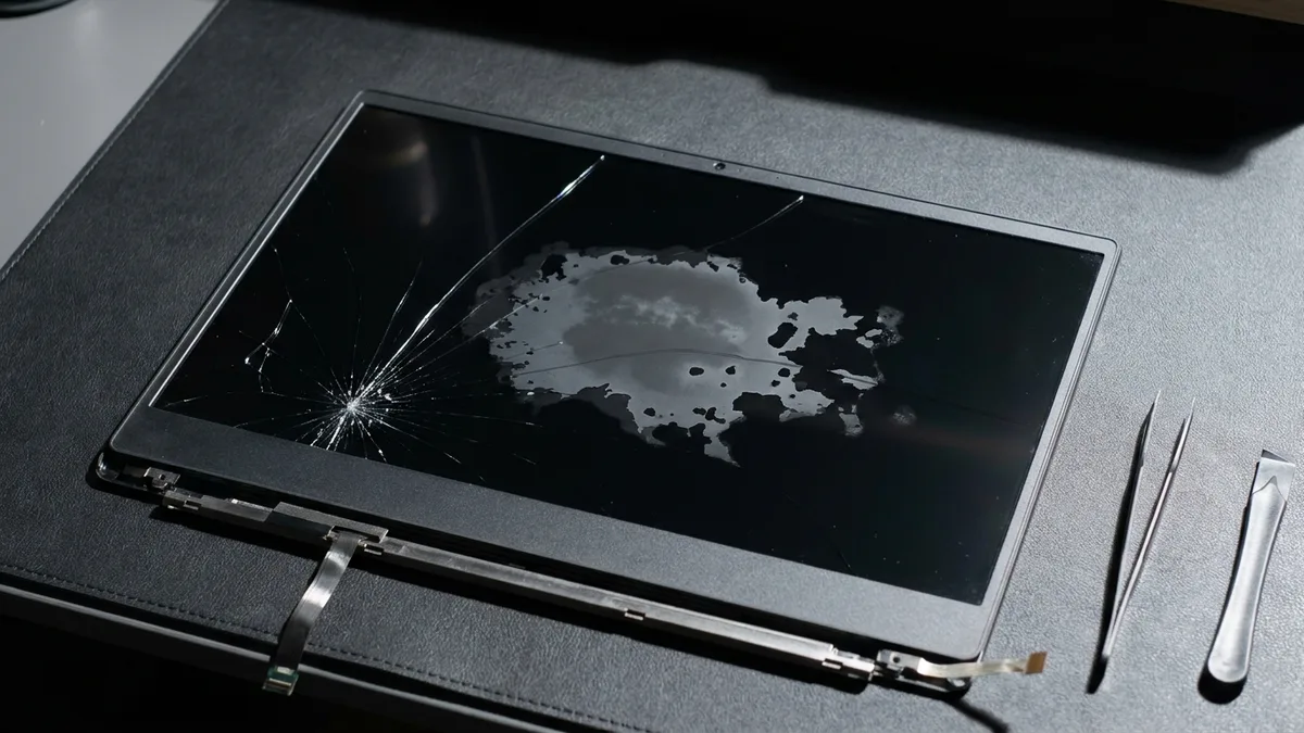 A detached laptop screen on a bench, switched off, showing a spiderweb crack and a pale blotchy patch of peeled coating