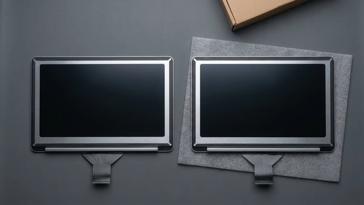 Two replacement laptop screen assemblies lying side by side, both switched off, each with its hinge bar and flat ribbon cable