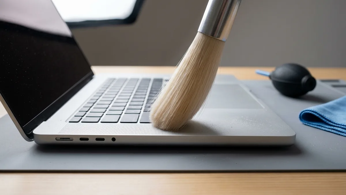 A soft dry brush sweeping dust from the speaker grille of an open silver laptop on a repair bench