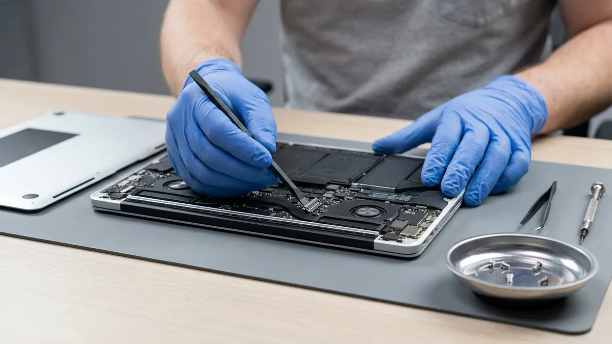Blue-gloved hands using a black pry tool on a connector on the logic board of an opened laptop, its bottom cover lying beside it, with tweezers, a screwdriver and a dish of screws on the mat