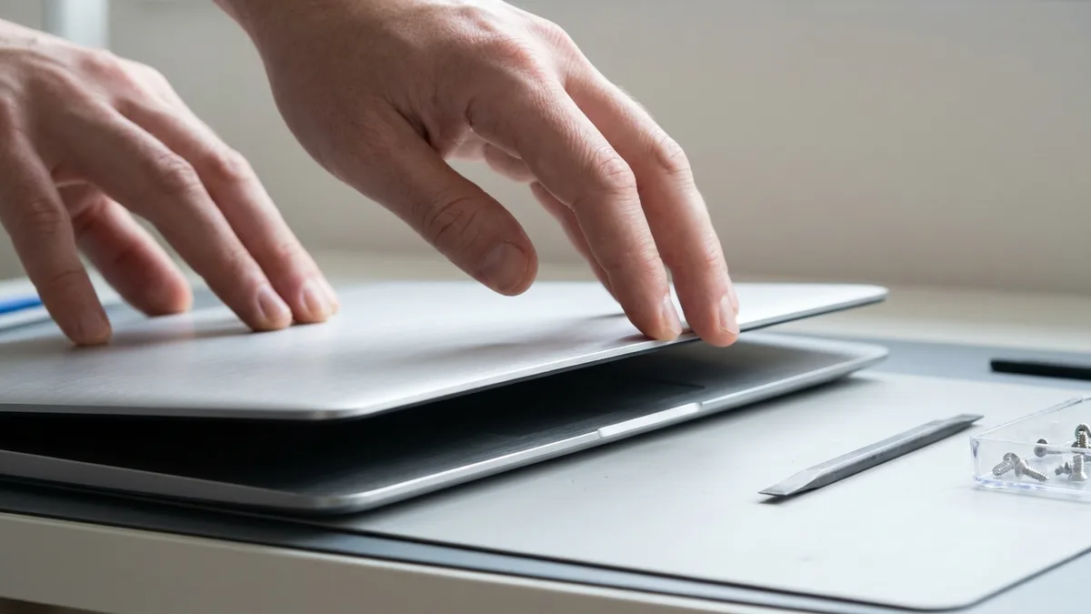 Technician's hands lifting the lid of a plain silver aluminium laptop on a repair bench