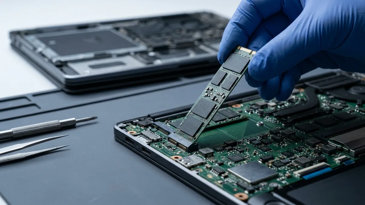 A blue-gloved hand lifting an M.2 solid-state drive out of its slot on an exposed laptop mainboard, with tweezers and a screwdriver on the mat beside it
