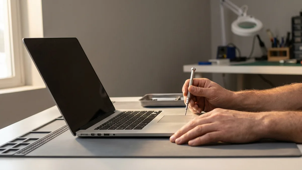 Technician at a workshop bench beside an open laptop with its screen switched off