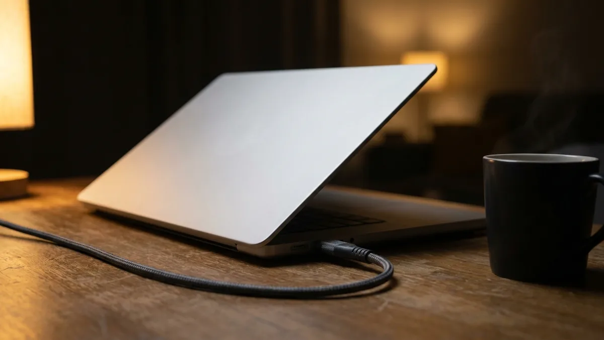 An unbranded laptop left open on a desk at night with its charging cable plugged in and a mug of tea beside it