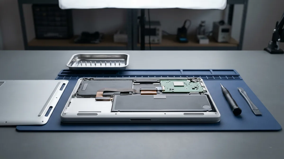 A repair bench with an unbranded laptop opened from below, its cover removed and screws laid out in a parts tray