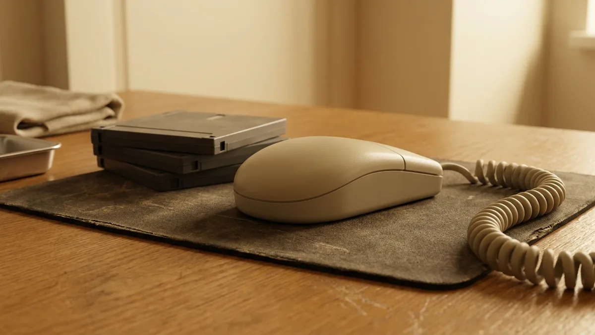 A plain unbranded beige computer mouse from the 1980s and a stack of floppy disks on a worn desk mat