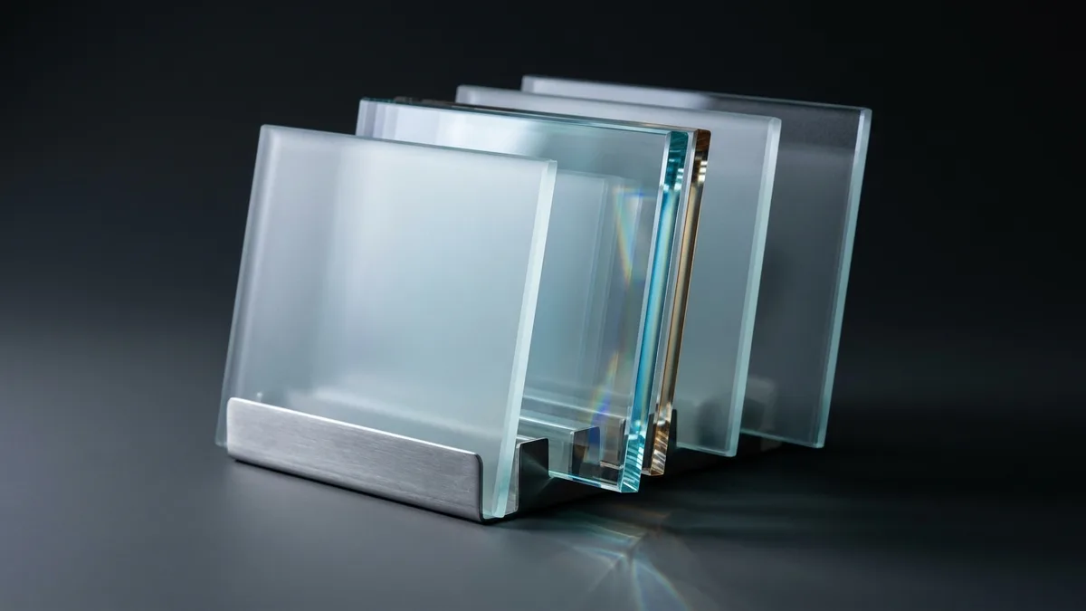 Four overlapping frosted and clear glass panes in a metal stand, refracting light into colour