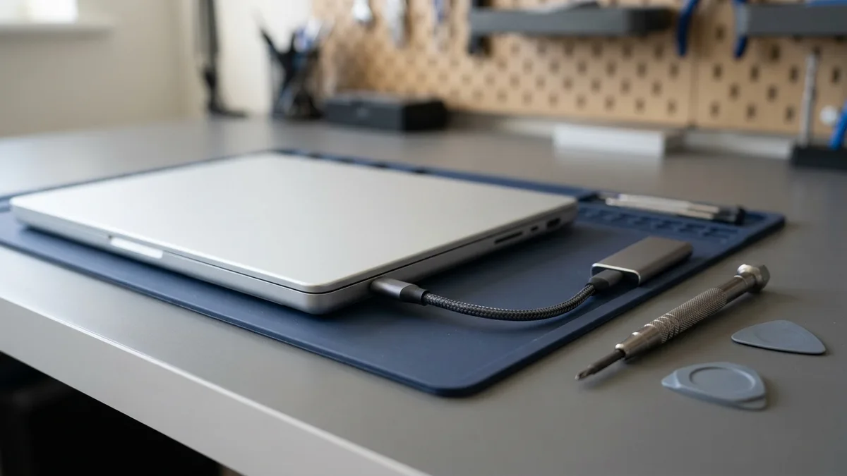 A closed unbranded aluminium laptop on an anti-static mat, a short USB-C cable running to a small metal enclosure, a precision screwdriver and two opening picks
