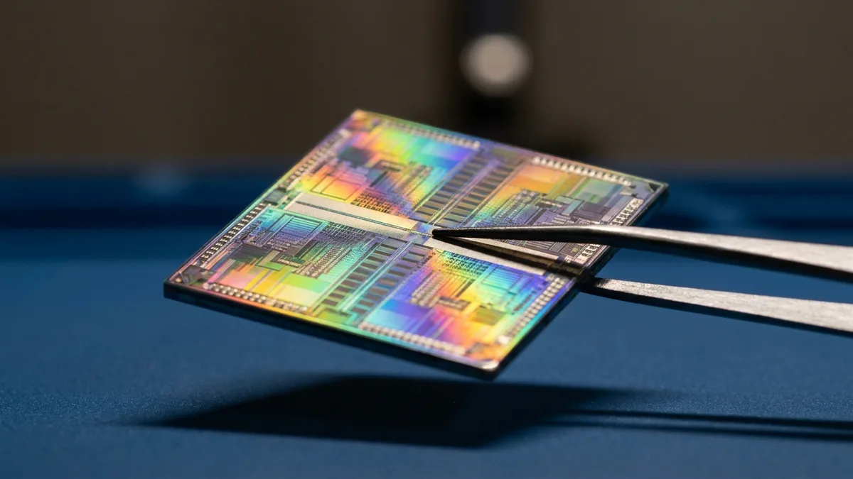 A bare silicon processor die held in fine tweezers, its metal layers shimmering with diffraction colours