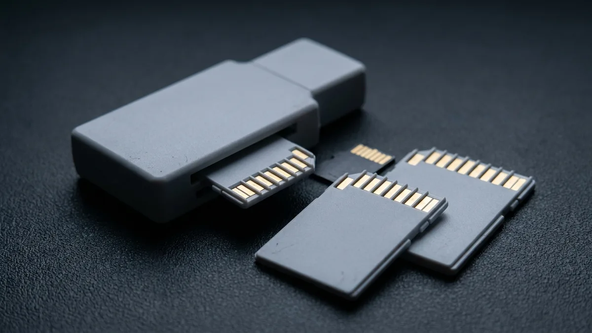 Sebuah pembaca kad USB polos tanpa jenama terletak di atas tikar gelap dengan sebuah kad memori separuh masuk ke dalam slotnya dan dua lagi kad di sebelahnya, semuanya dengan bahagian penyambung menghadap ke atas dan pin emasnya memantulkan cahaya.