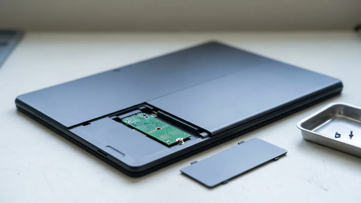 A slim tablet lies face-down with the small access door lifted aside, exposing a green M.2 solid-state drive seated in its slot with one tiny screw at its free end, and a small metal parts tray with two loose screws beside the tablet.