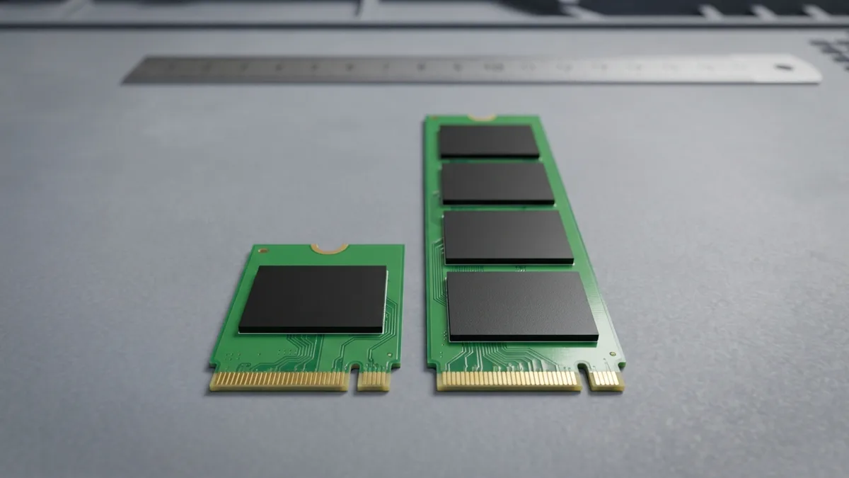 Two bare green M.2 solid-state drives lie side by side on a grey surface, the same width but very different lengths: the left one is short and almost square, the right one is roughly two and a half times longer, with their gold contacts lined up along the near edge.
