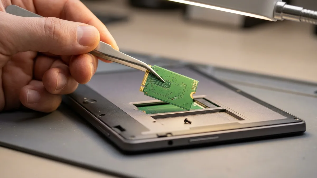 Anti-static tweezers lift a short green M.2 solid-state drive out of its slot inside an opened tablet, the drive tilted so its gold edge connector catches the light, with the emptied slot and a loose retaining screw just below it.