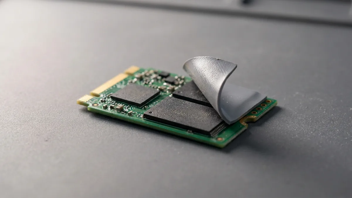 A close-up of a short green M.2 solid-state drive filling the frame on a grey mat, showing its two black memory chips and small square controller, with a thin grey thermal pad peeled back and folded over at one corner of the board.