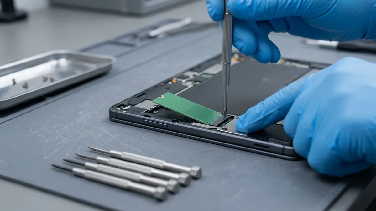 Gloved hands fit a green M.2 solid-state drive into the empty slot of an opened tablet, one fingertip steadying the drive at its raised far end while the other hand brings a precision screwdriver to the single retaining screw hole beside it.