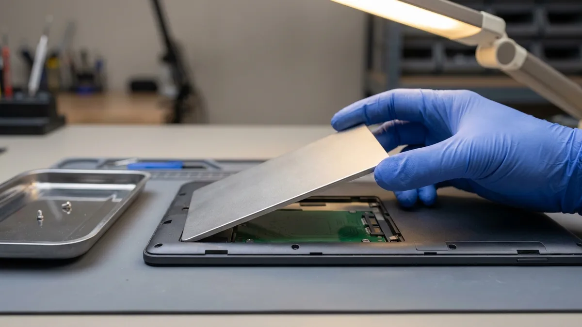 A gloved hand lowers a plain brushed-metal access door back over the bare green circuit board inside an opened tablet on a workbench, the door held at a slight angle just above its recess so both the door and the board underneath it are visible, with a metal parts tray of screws to the left.