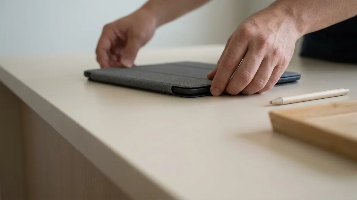 Two hands set a closed slim tablet, its thin keyboard cover folded shut against the front, down flat on a clean pale counter beside a stylus and the edge of a wooden board.