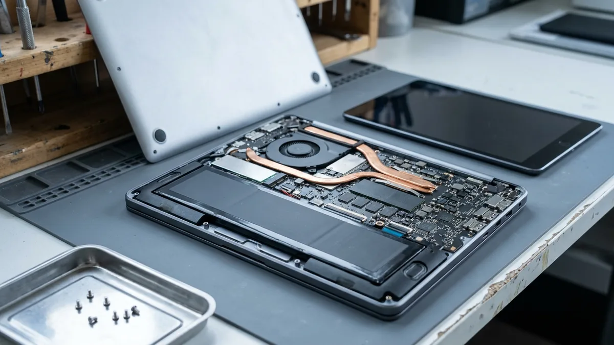 A school laptop lies upside-down on a repair bench with its bottom cover removed and propped on edge behind it, exposing the flat battery pack, the copper heat pipe and the cooling fan, with a closed tablet on the bench beyond.