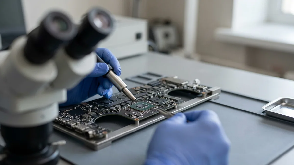 A laptop logic board clamped under a stereo microscope while one gloved hand holds a fine hot-air nozzle over a small chip and the other steadies curved tweezers against the board edge.