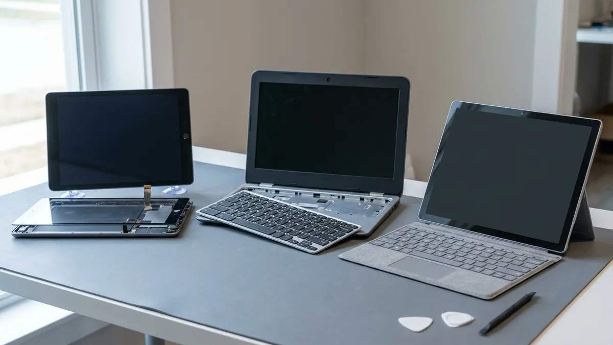 Three school devices in a row mid-repair: a tablet with its glass panel lifted on suction cups, a small clamshell laptop with its keyboard module lifted out, and a detachable tablet on its kickstand with the keyboard cover removed.