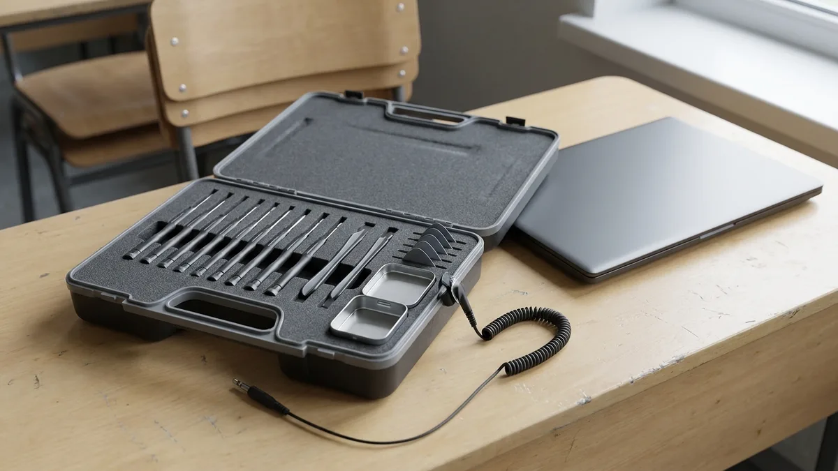 An open field tool case on a classroom desk, its foam holding a row of precision screwdrivers, spudgers, opening picks, a small parts tin and a coiled anti-static wrist strap, with a closed laptop beside it.