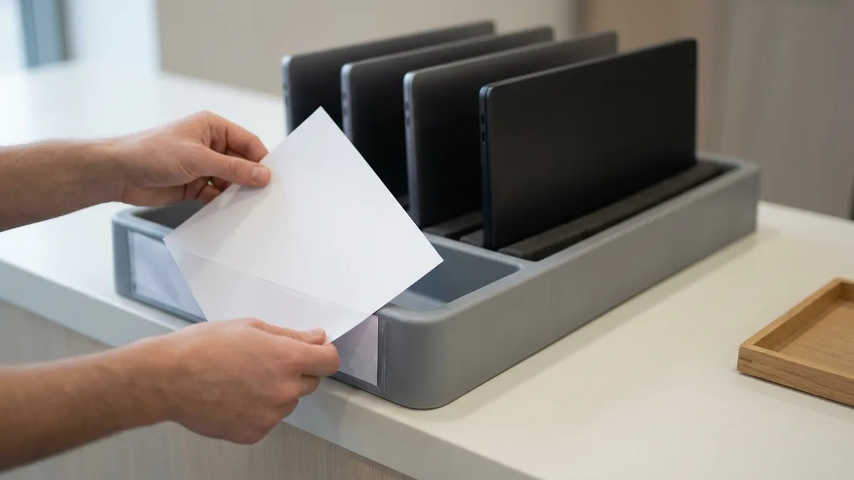 Four closed laptops stand upright in the padded slots of a plain transport tray on a service counter while two hands slide a completely blank sheet into the clear sleeve on the end of the tray.