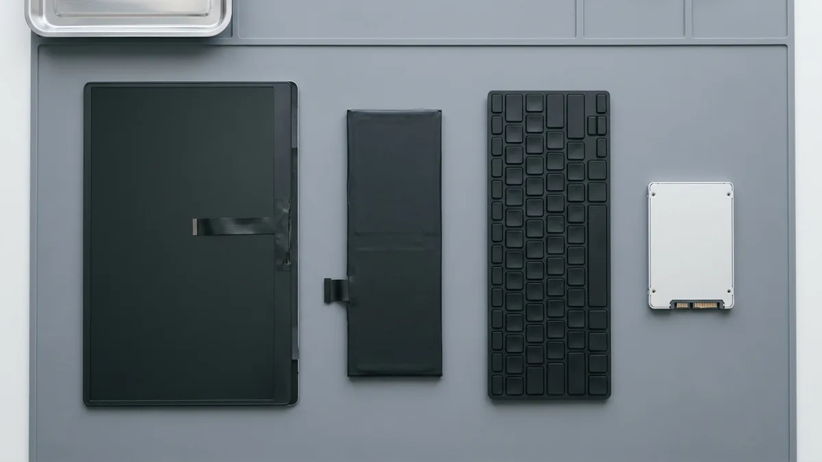 Four replacement parts laid out in a row from above: a thin dark screen panel, a flat black battery pack, a keyboard module with blank keys, and a 2.5-inch solid-state drive.